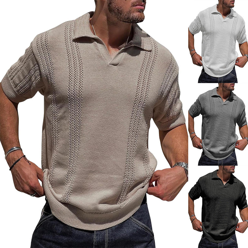 European And American Fashion | Men's Knitted Polo Shirt | Short Sleeve V-neck Hollow | polo Shirt