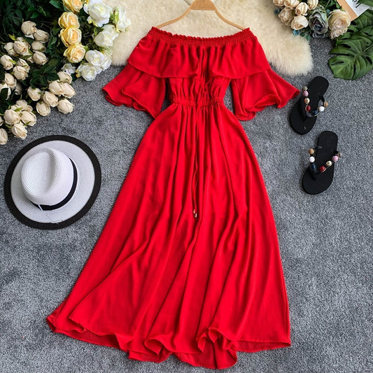 One-neck off-shoulder flared sleeves ruffled fairy dress