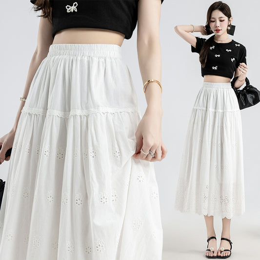 Embroidery Skirt A- Line Mid-length Tiered-ruffle Dress