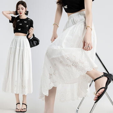 Embroidery Skirt A- Line Mid-length Tiered-ruffle Dress